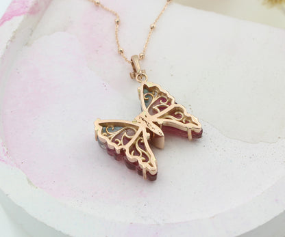 Colorful Pink and Teal Tourmaline Butterfly Necklace