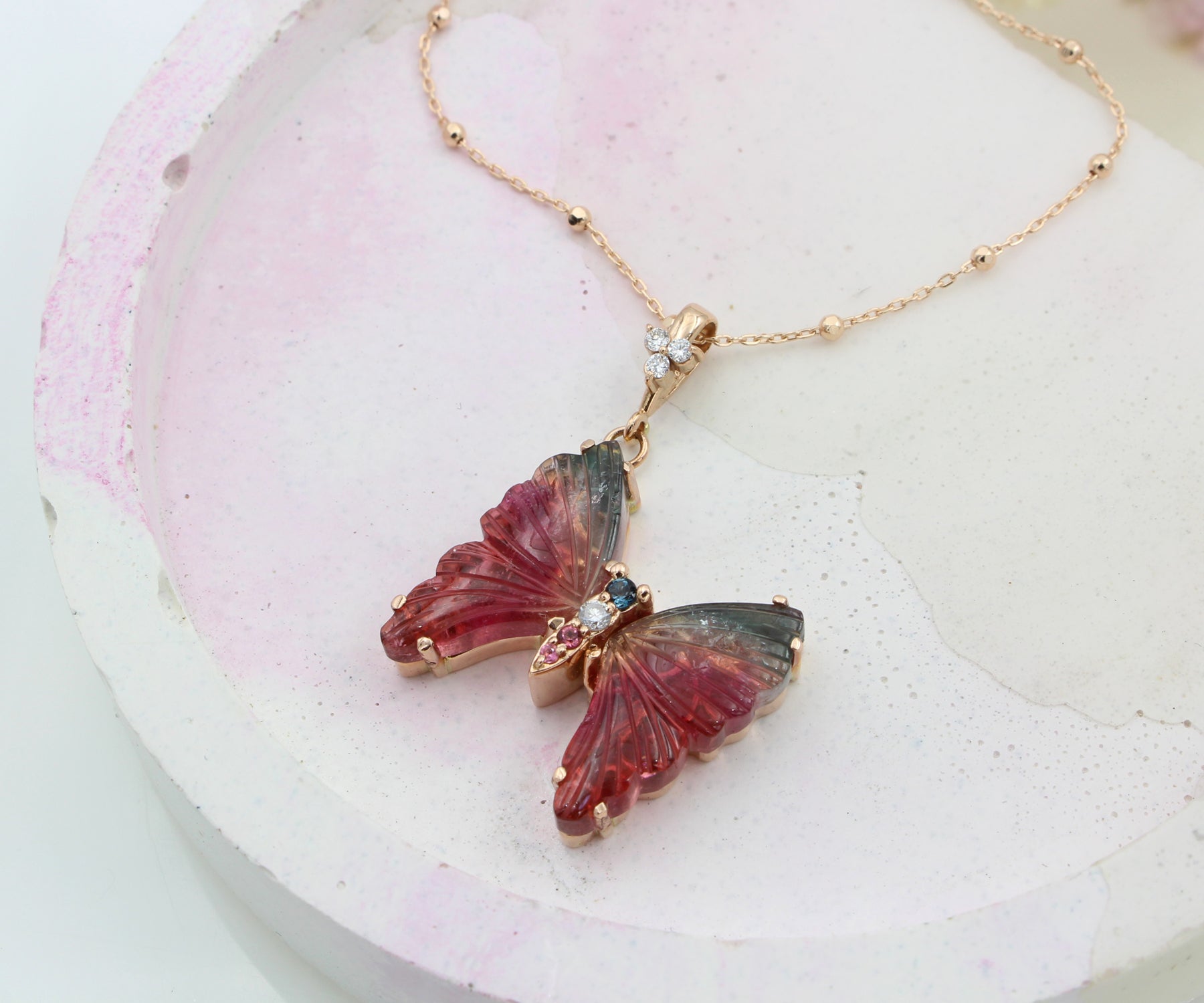 Colorful Pink and Teal Tourmaline Butterfly Necklace