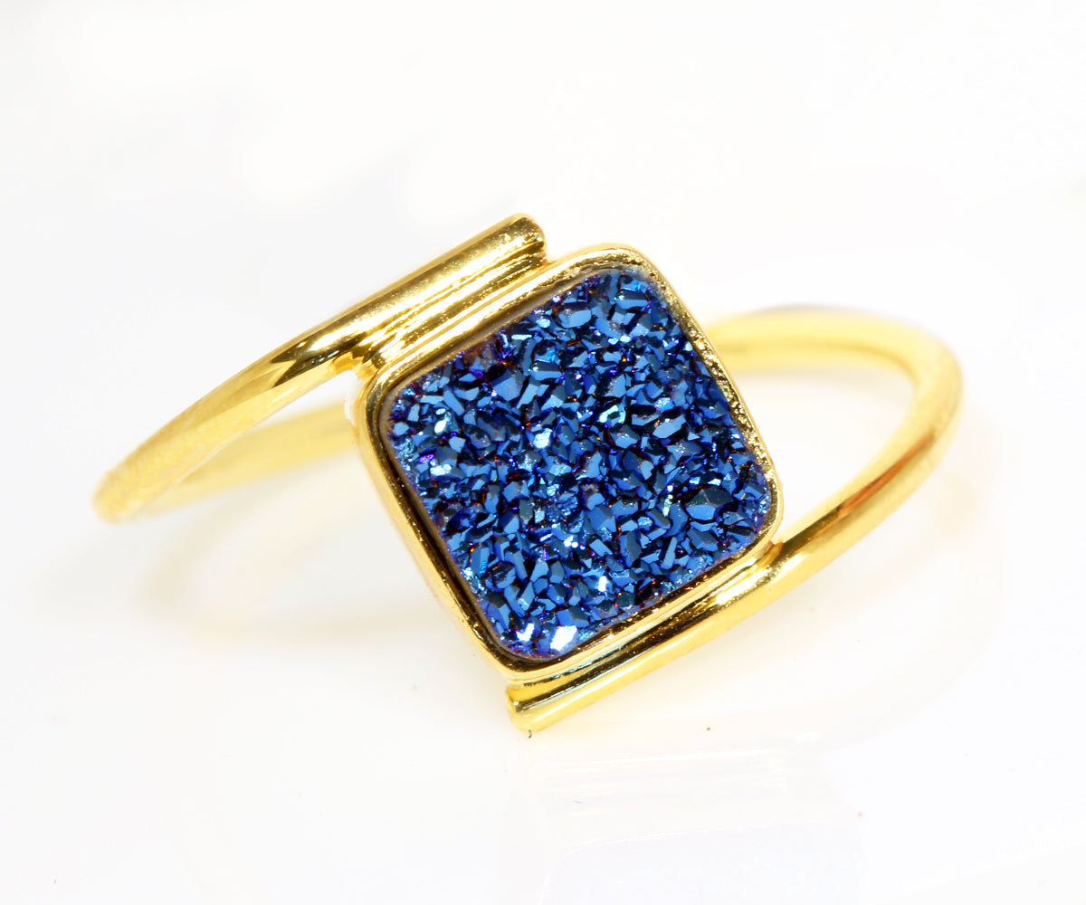 Bypass Square Blue Druzy Gold Ring