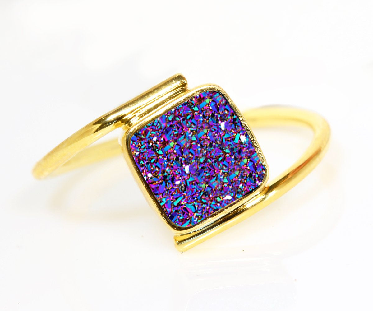 Bypass Square Purple Rainbow Druzy 14k Ring