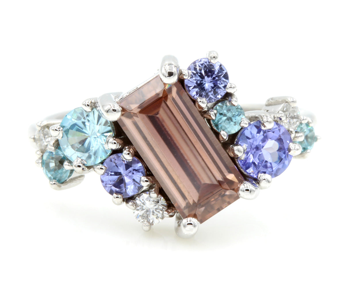 custom designed rose zircon tanzanite diamond white gold ring