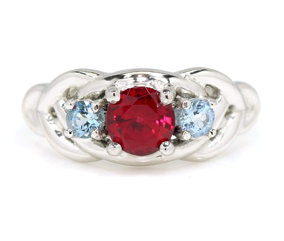 Ruby Aquamarine Weave Celtic Platinum Ring