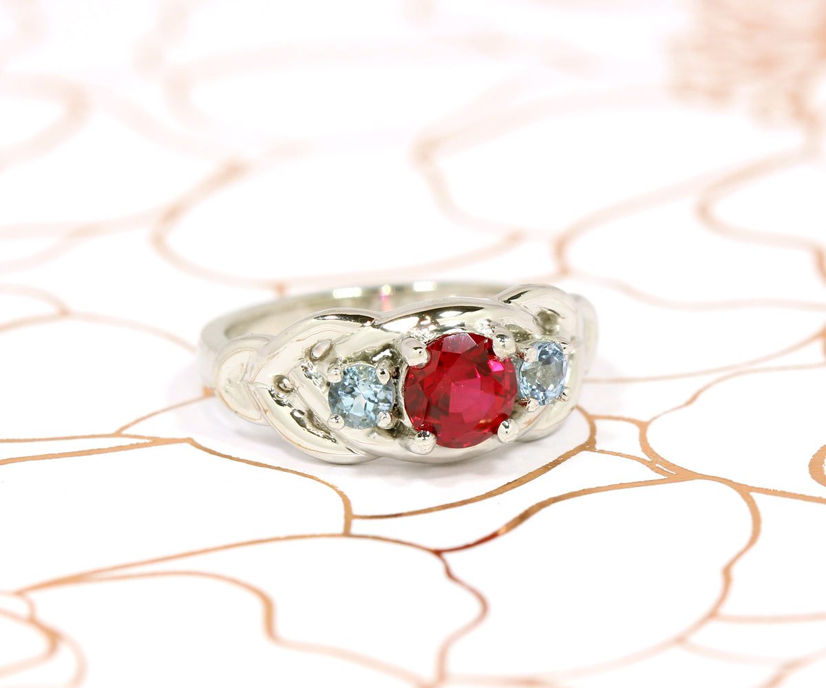 Ruby Aquamarine Weave Celtic Platinum Ring