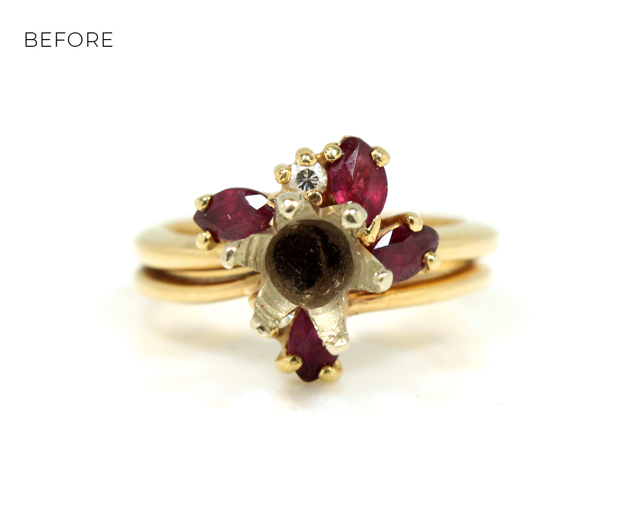 Cathedral Diamond and Ruby Platinum Wedding Ring Set