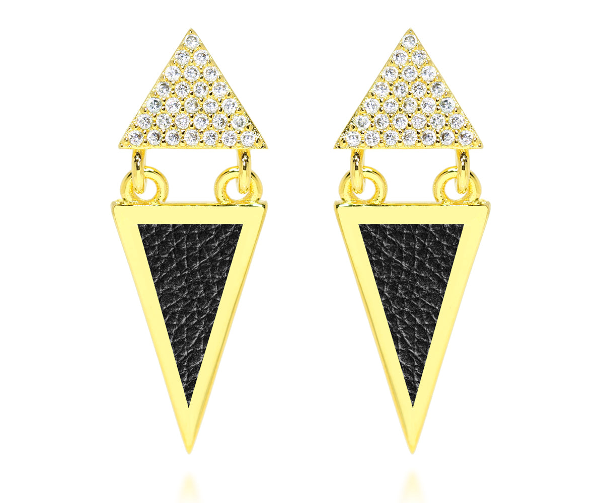 triangle double drop pave crystal and black leather inlay gold earrings