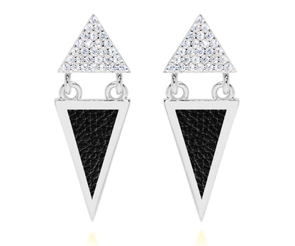 triangle double drop pave crystal and black leather inlay silver earrings