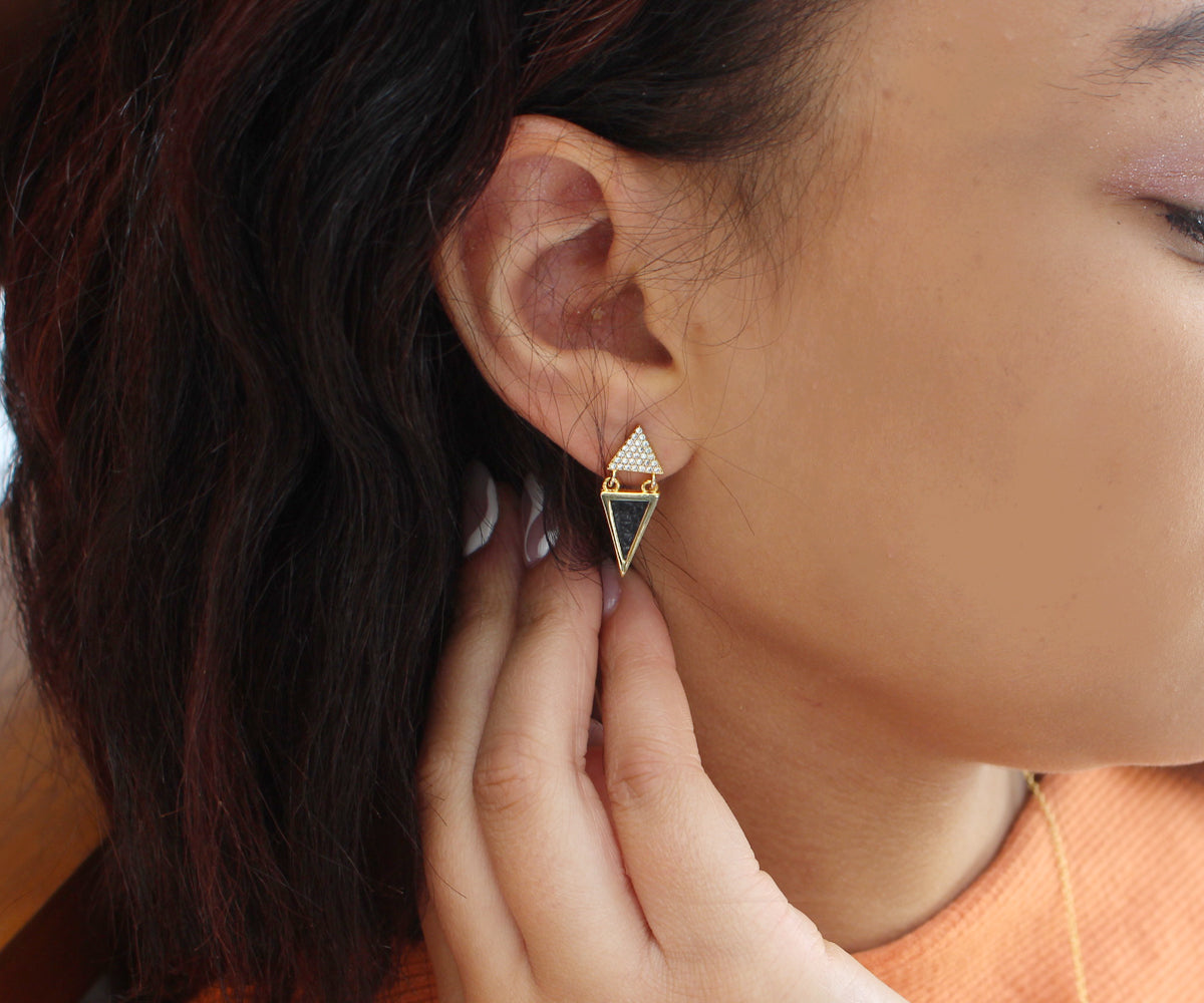 Double Triangle Leather Inlay Gold Earrings