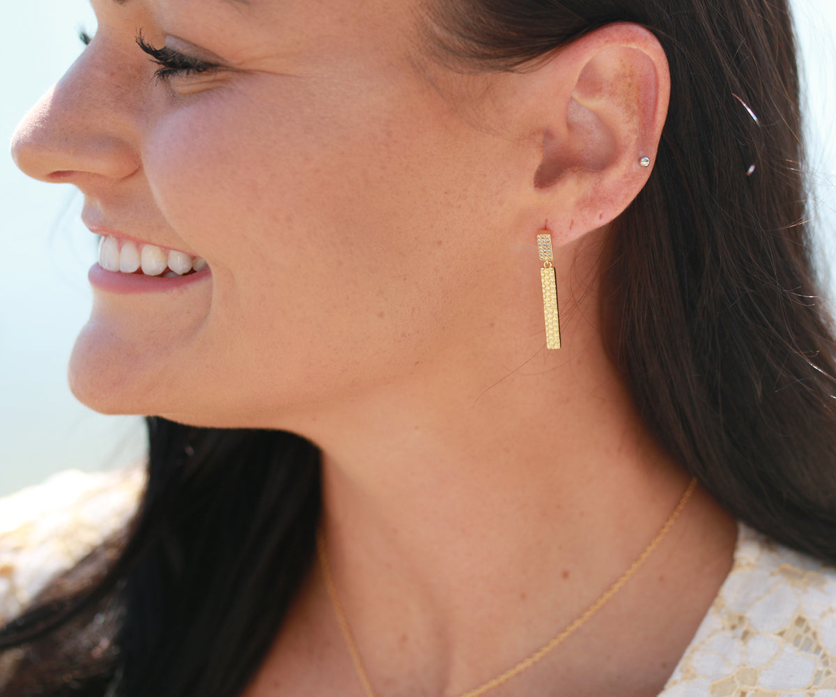 Long Rectangle Hammered Crystal Gold Earrings