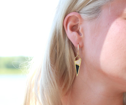 Dagger Leather Inlay Crystal Gold Earrings