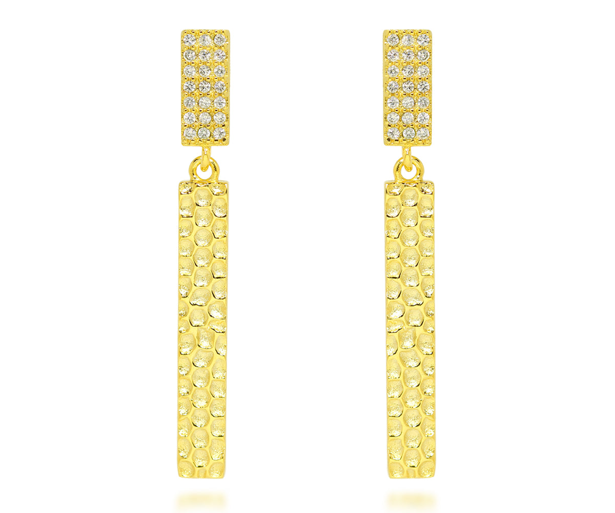 Long Rectangle Hammered Crystal Gold Earrings