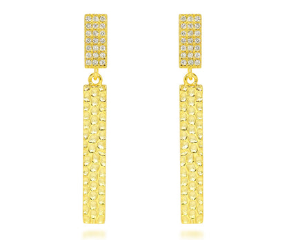 Long Rectangle Hammered Crystal Gold Earrings