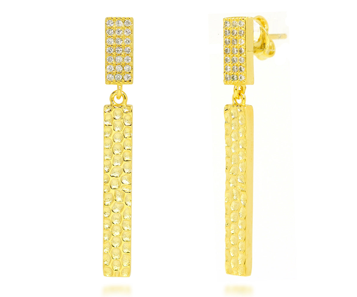 Long Rectangle Hammered Crystal Gold Earrings