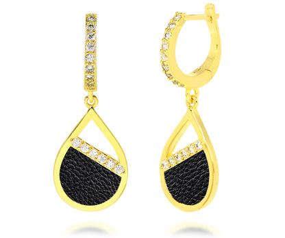 Teardrop Leather Inlay Gold Earrings