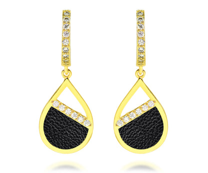 small teardrop leather inlay pave crystal gold earrings