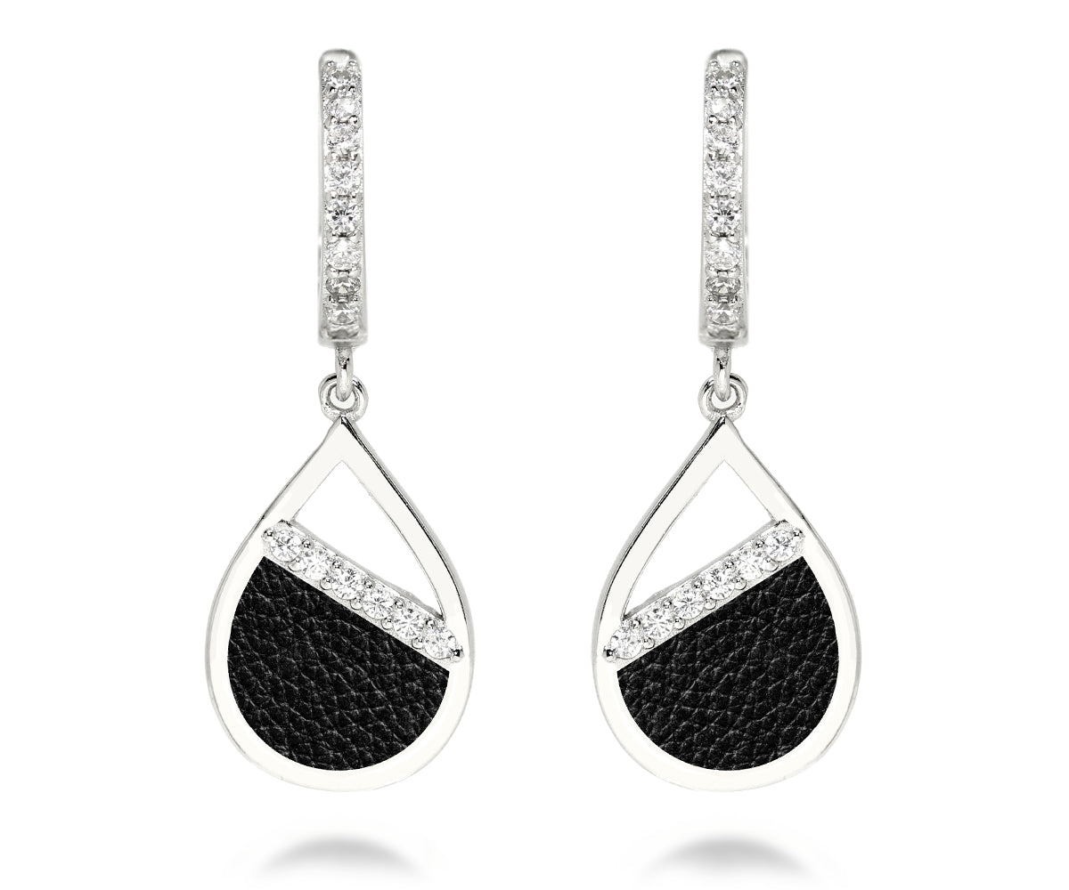 small teardrop dangle earrings leather inlay with pave crystals