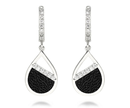 small teardrop dangle earrings leather inlay with pave crystals