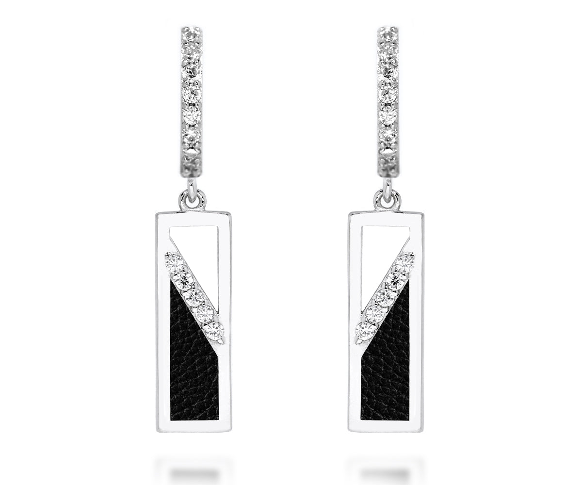 Ambrosia fashion sterling silver crystals and leather inlay hoop dangle earring