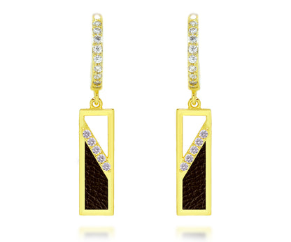 Rectangle Leather Inlay Gold Earrings