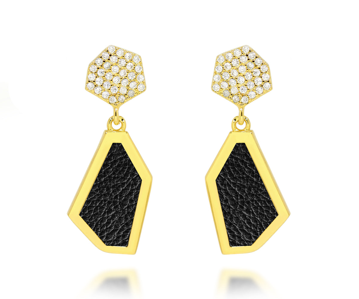 double hexagon leather inlay pave crystal stud fashion gold earrings