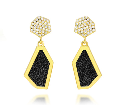 double hexagon leather inlay pave crystal stud fashion gold earrings