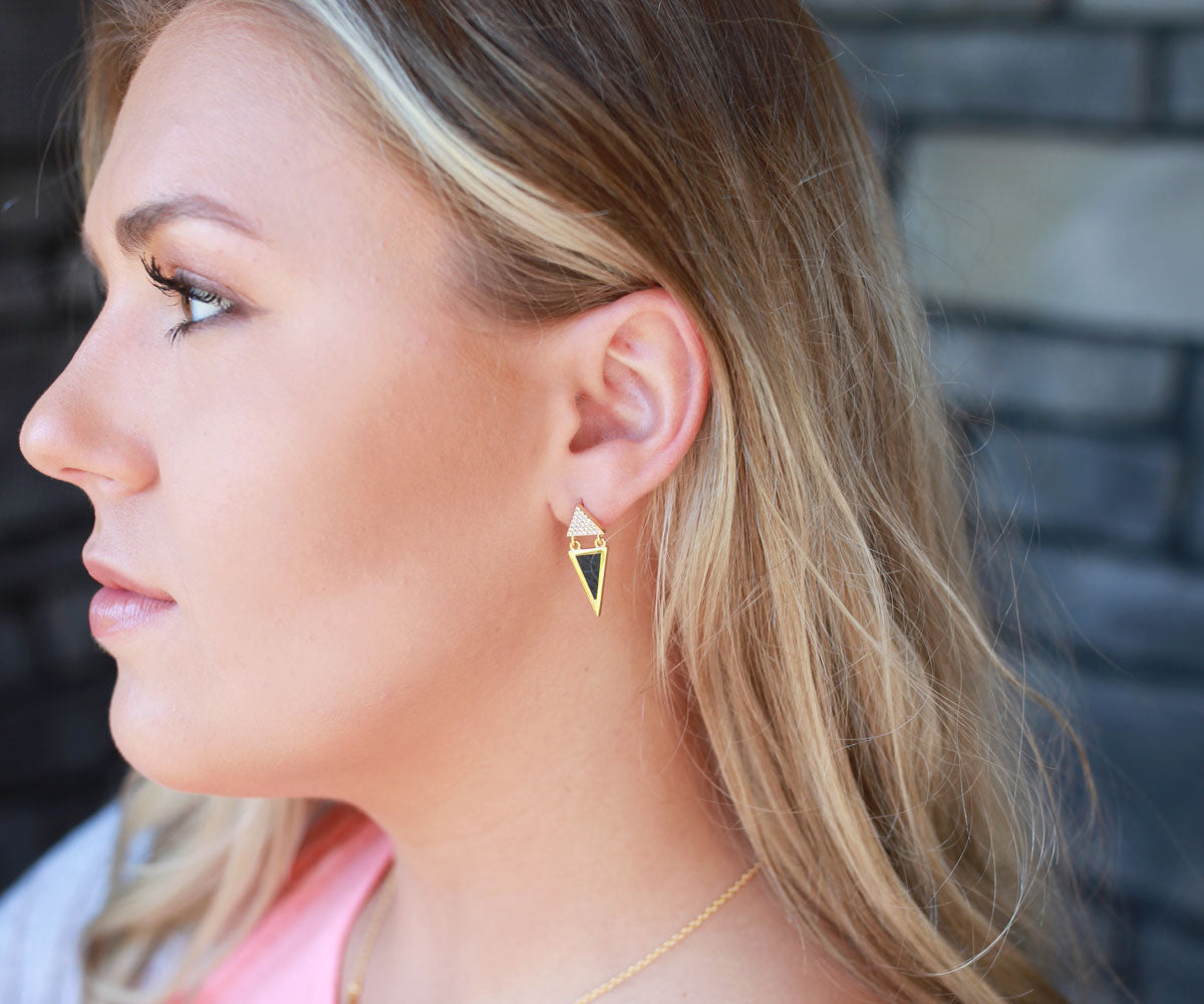 Double Triangle Leather Inlay Gold Earrings