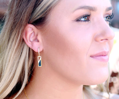 Rectangle Leather Inlay Gold Earrings