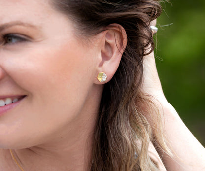 Small Hexagon Pavé Crystal Gold Stud Earrings