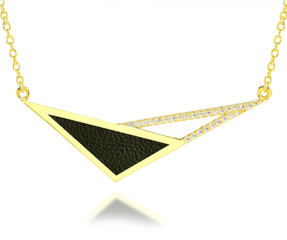 Geometric Triangle Leather Inlay Crystal Gold Necklace