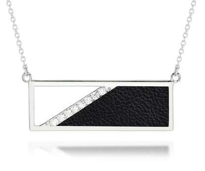 Medium rectangle leather inlay womens fashion sterling silver necklace
