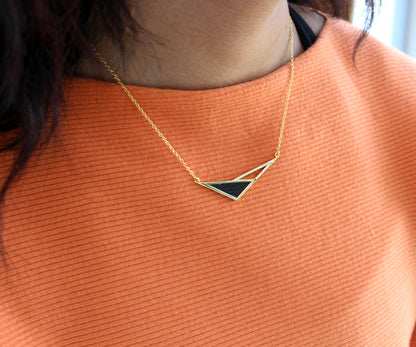 Geometric Triangle Leather Inlay Crystal Gold Necklace