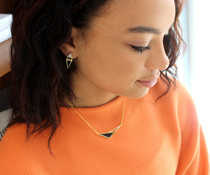 Geometric Triangle Leather Inlay Crystal Gold Necklace