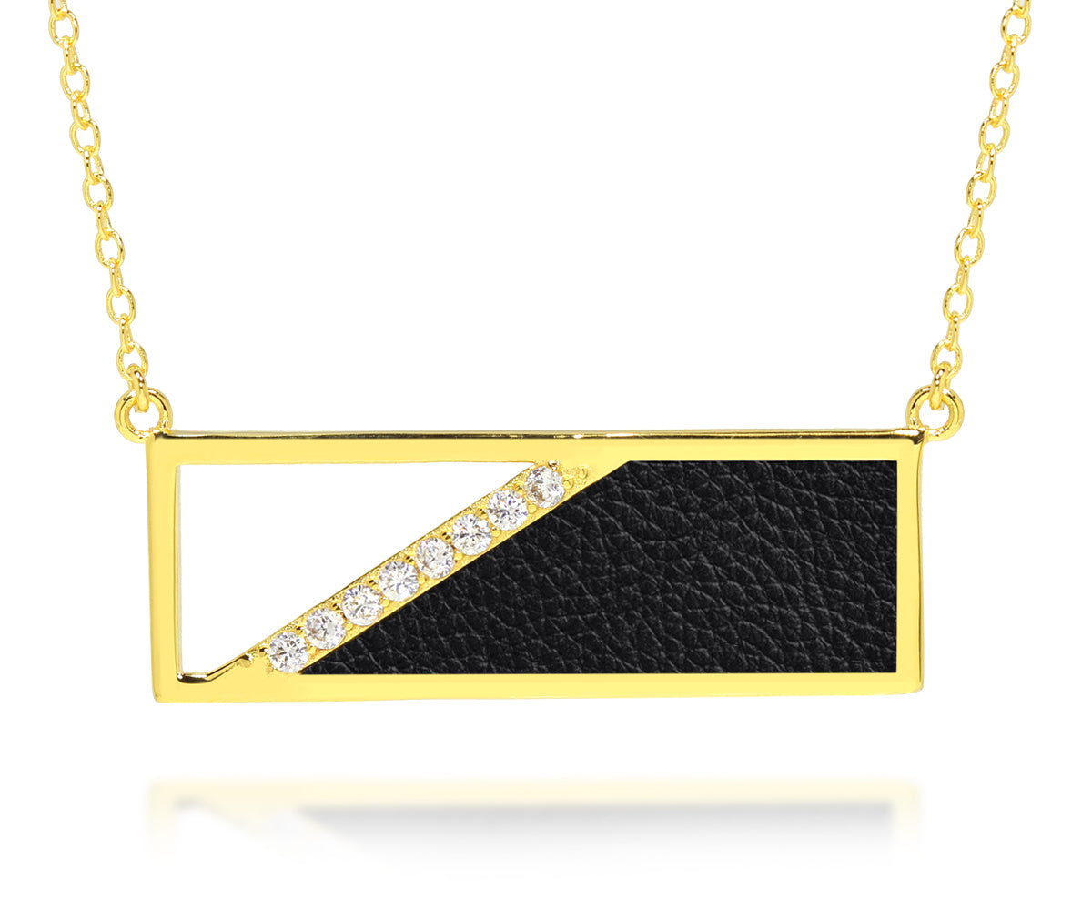 Rectangle Leather Inlay Crystal Gold Necklace