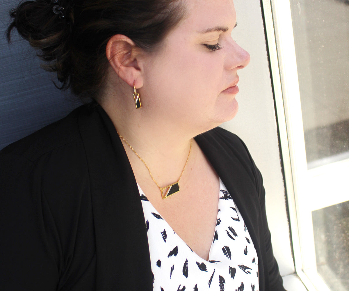 Rectangle Leather Inlay Crystal Gold Necklace