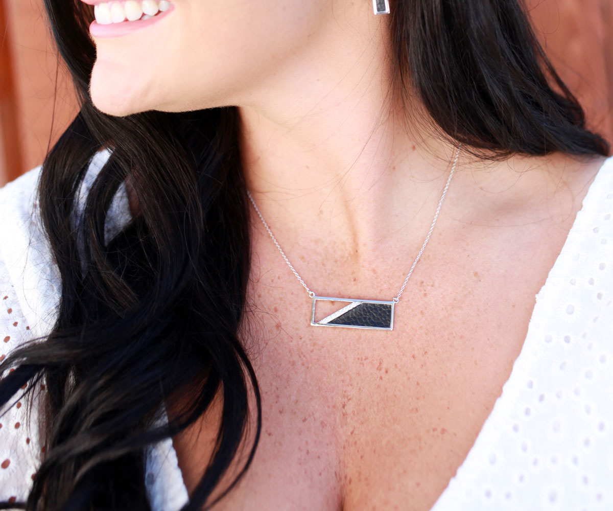 Rectangle Leather Inlay Crystal Gold Necklace