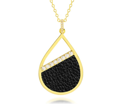 teardrop pave crystal leather inlay gold fashion womens necklace