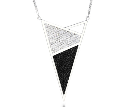 large triangle geometric leather inlay pave crystal fashion silver necklae