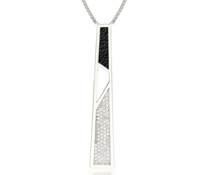 geometric long leather inlay pave crystal sterling silver fashion womens necklace