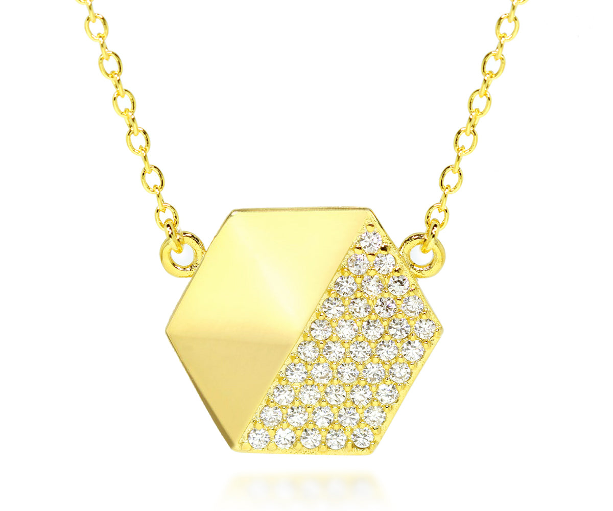 Ambrosia simple yellow gold pave crystal hexagon fashion necklace