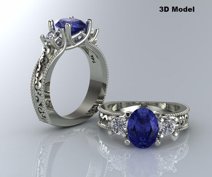 Anillo de compromiso con diamantes y zafiro azul vintage en forma de espiral