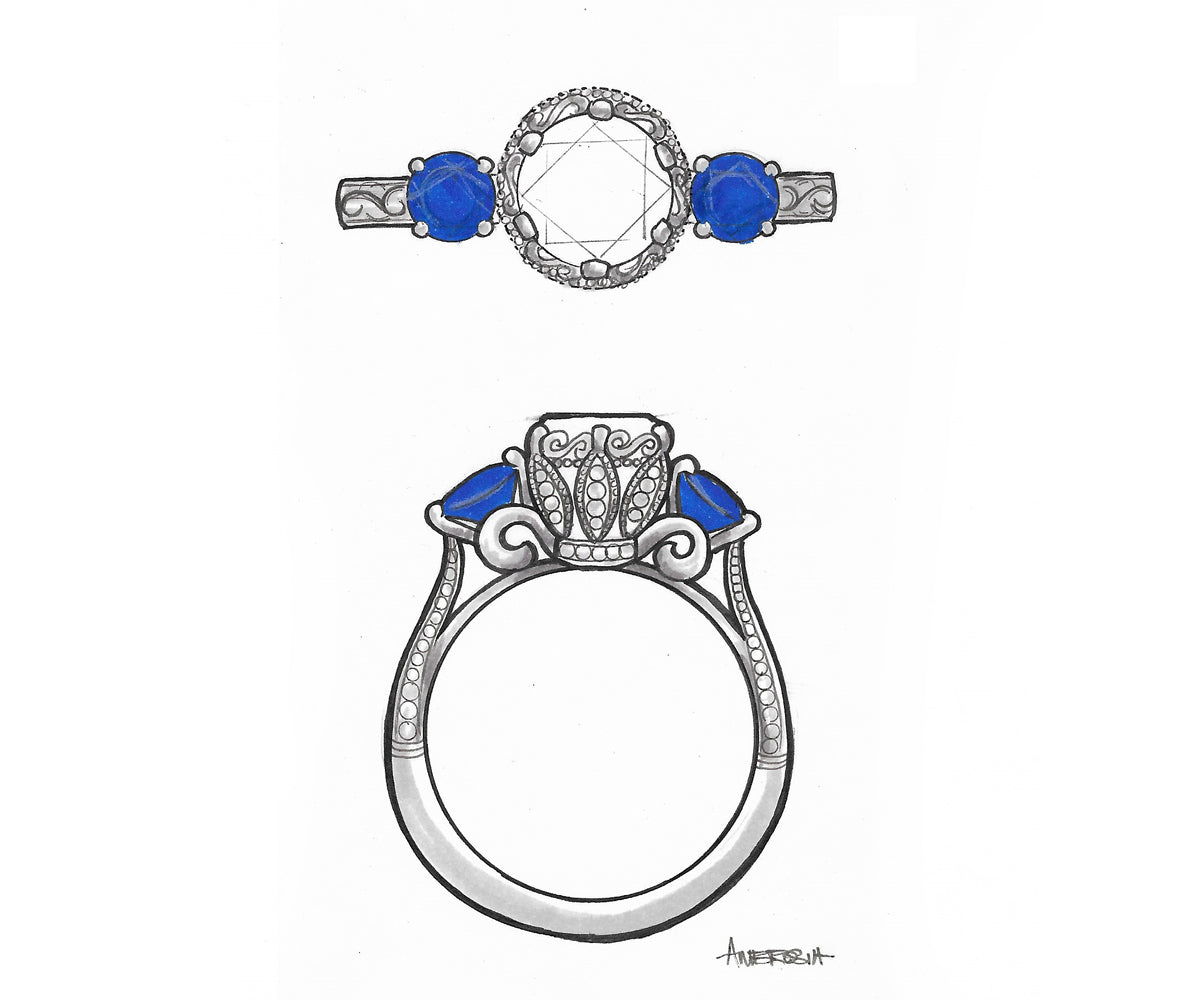 Crown Diamond and Sapphire Engagement Ring