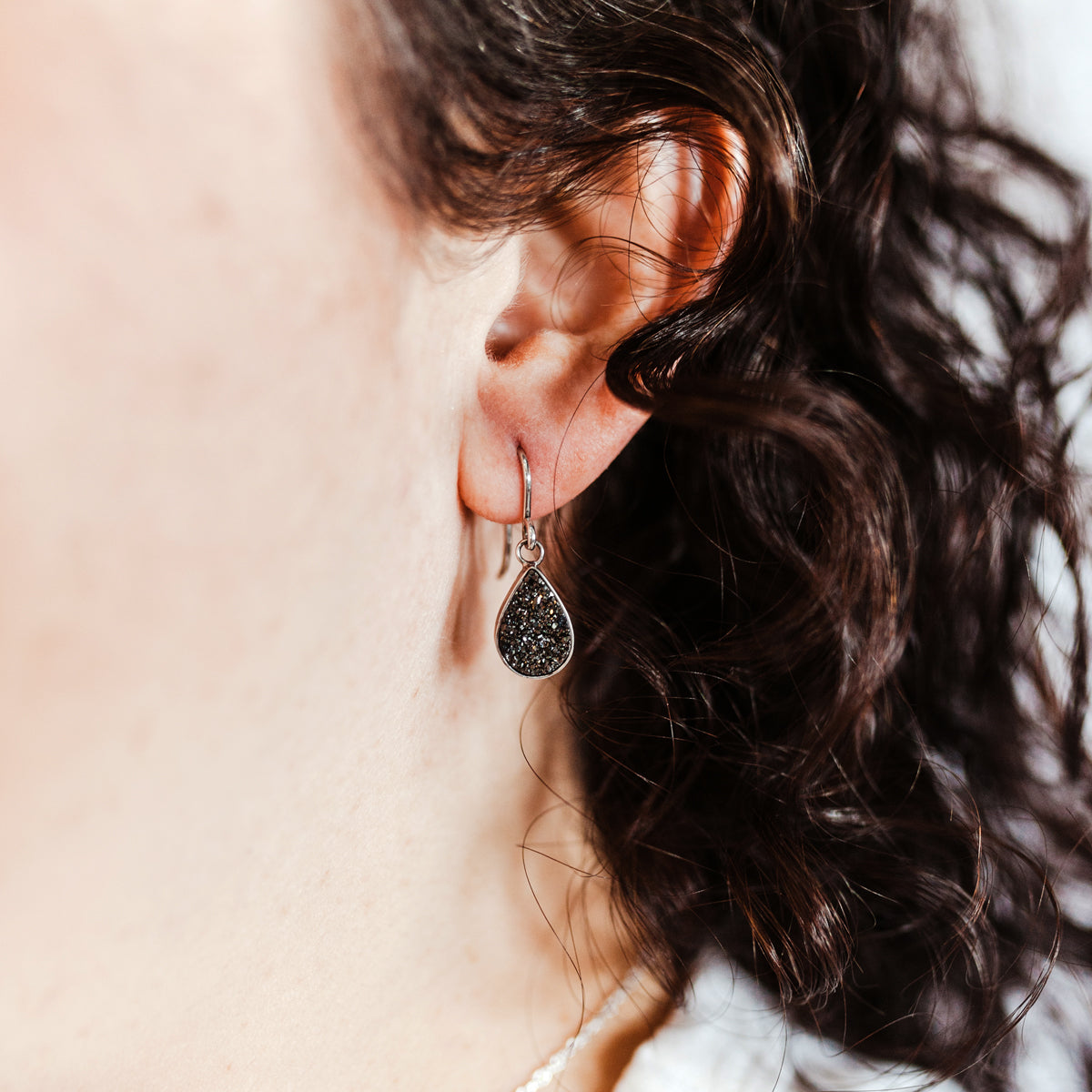Small Teardrop Black Druzy Earrings