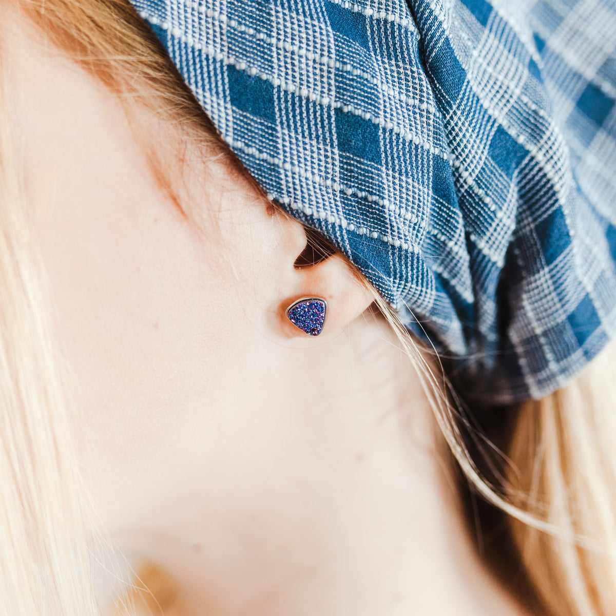 Small Triangle Blue Druzy Gold Stud Earrings