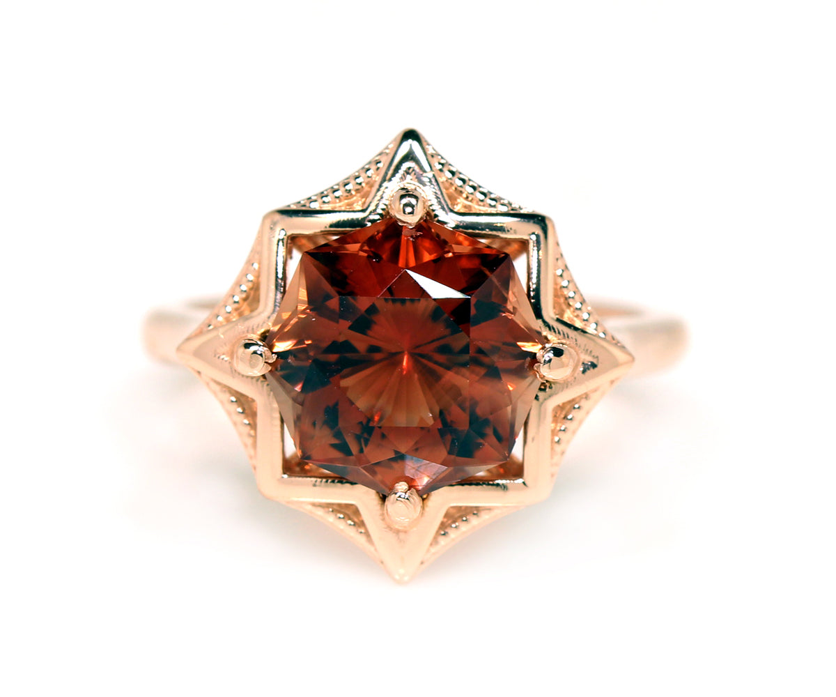 custom starburst sunstone hexagon rose gold ring