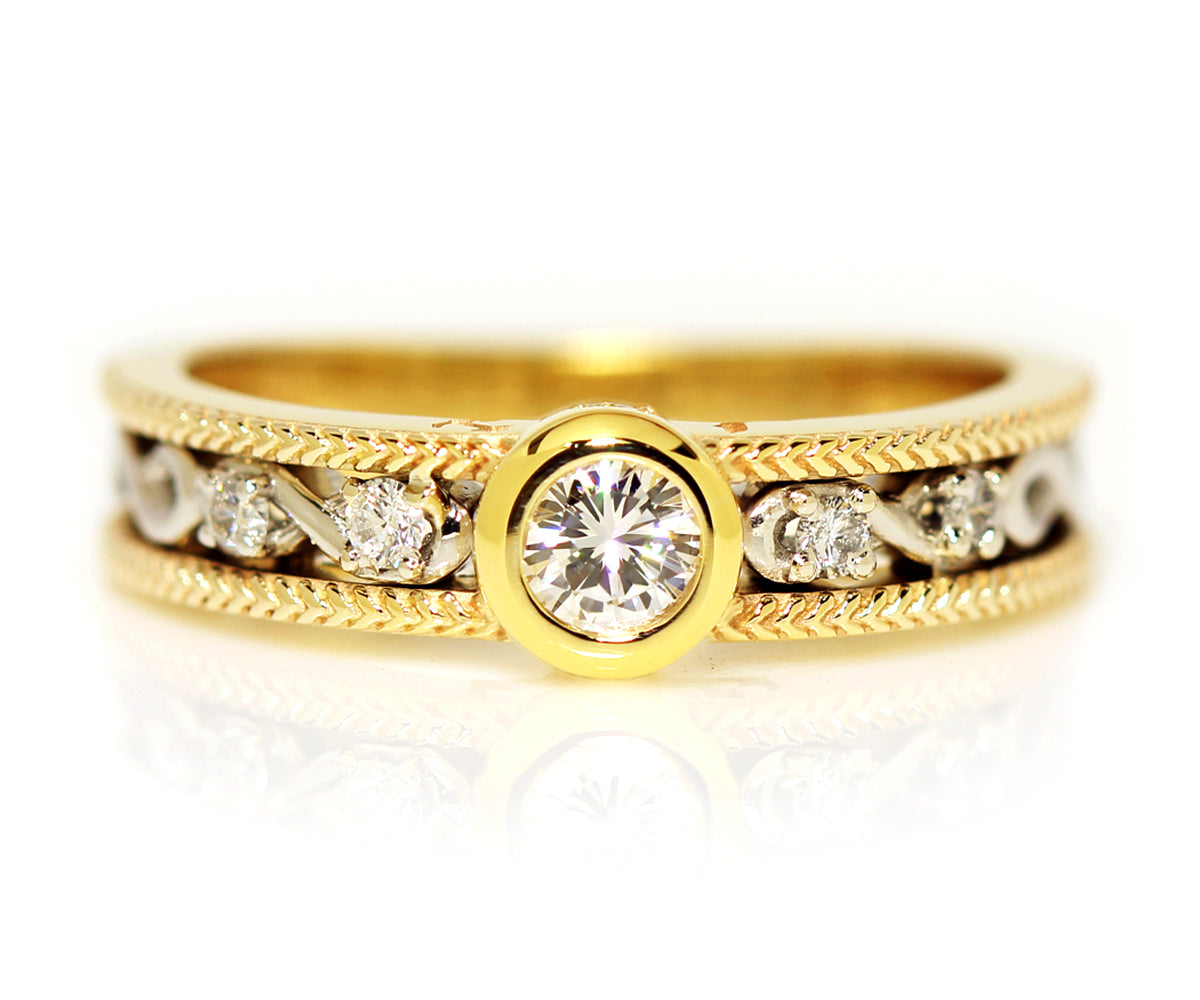 two tone round bezel infinity gold wedding ring redesign
