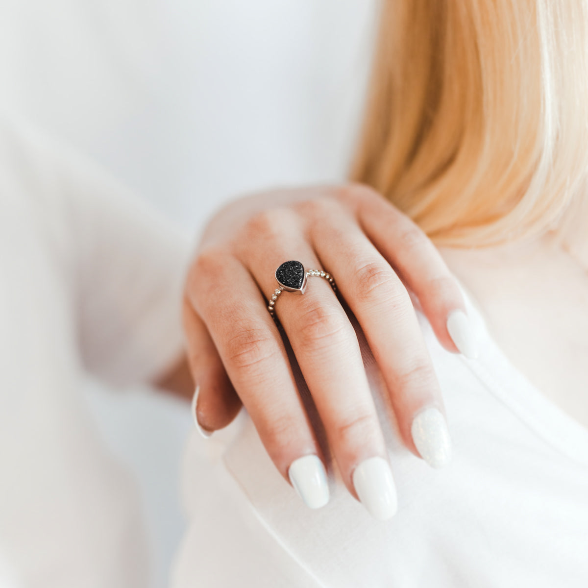 Teardrop Black Druzy 14K Gold Ring