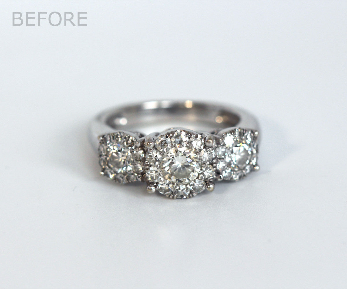 Three Bezel Halo Pink Gold Wedding Ring Redesign