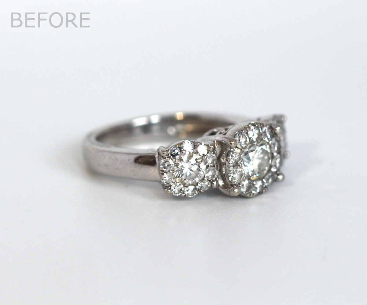 Three Bezel Halo Pink Gold Wedding Ring Redesign