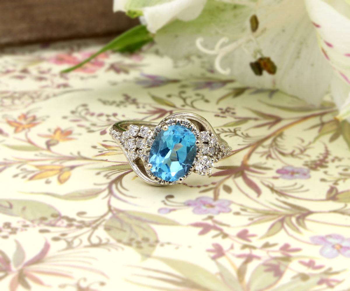 Oval Halo Swiss Topaz Cluster Diamond Ring