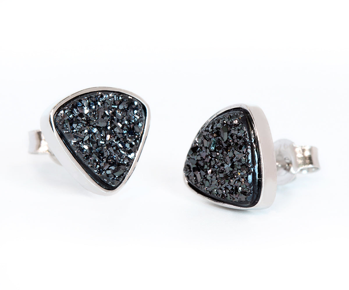 Small Triangle Black Druzy Stud Earrings