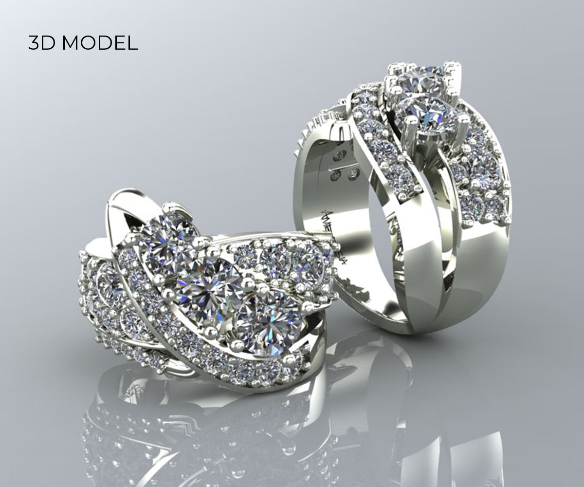 Contemporary Artistic Three Diamond Pave Ring